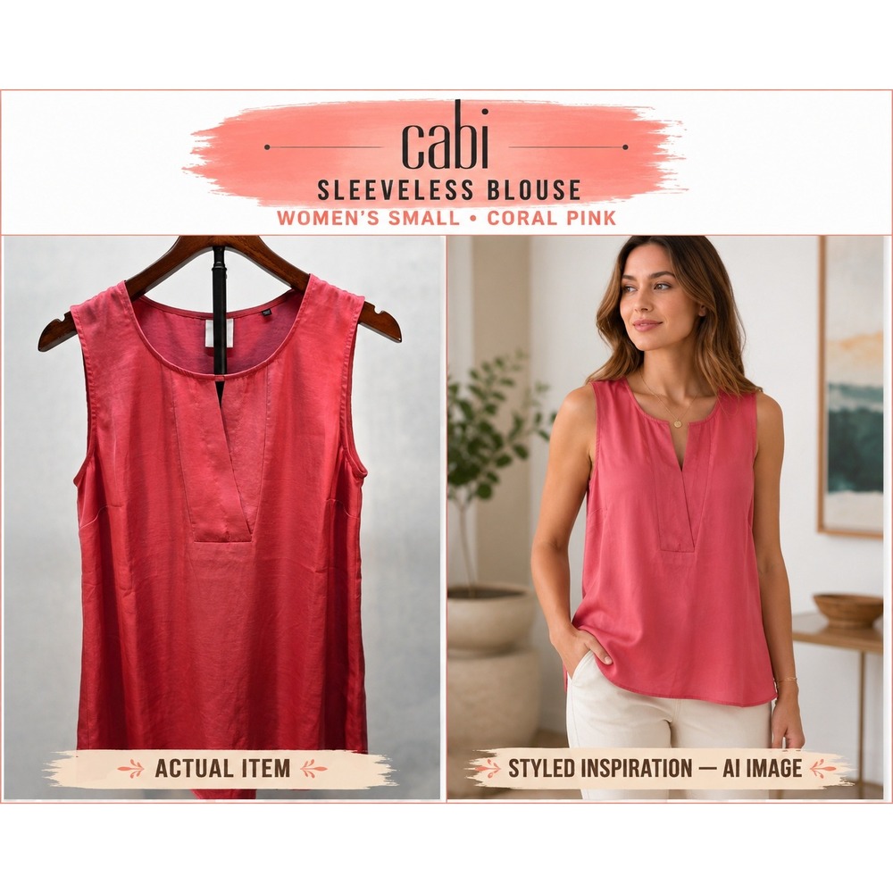 CAbi Rose Top 5364 Sleeveless Keyhole V-Neck Satin Blouse Pink Coral Sz Small